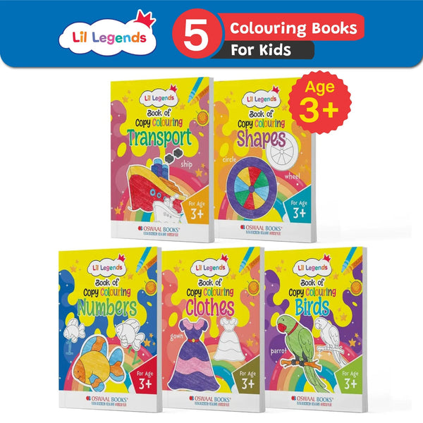 Lil Legends Book of Copy Colouring (Set of 5 Books) For Kids, To Learn About Transport, Shapes, Numbers, Clothes & Birds; Age 3+