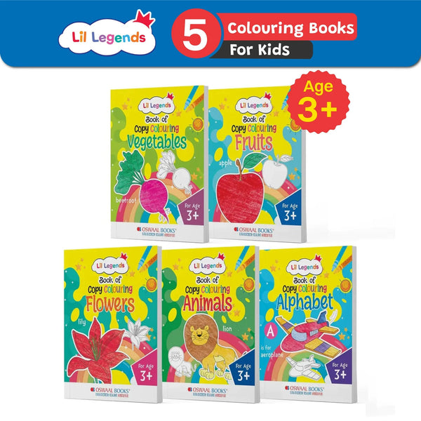 Lil Legends Books of Copy Colouring (Set of 5 Books), For Kids, To Learn About Vegetables, Fruits, Flowers, Animals & Alphabets; Age 3+