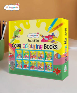 Lil Legends Gift Set: Boxset of 10 Copy Colouring Books for Kids | Learn About Vegetables, Transport, Shapes, Numbers 1-10, Fruits, Flowers, Clothes, Birds, Animals, English Alphabet