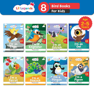 Lil Legends Know Me Series - Birds | Set of 8 Books | I am an Eagle | I am a Kingfisher | I am an Ostrich | I am an Owl | I am a Parrot | I am a Peacock | I am a Penguin | I am a Pigeon | Fascinating Bird Books | For Kids | Age 2+ Years