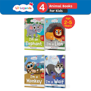 Lil Legends Know me Series, Fascinating Wild Animal Books- I am an ELEPHANT, I am a LION, I am a MONKEY and I am a WOLF (Set of 4 Books) Exciting Illustrated Books for kids, Age 2+